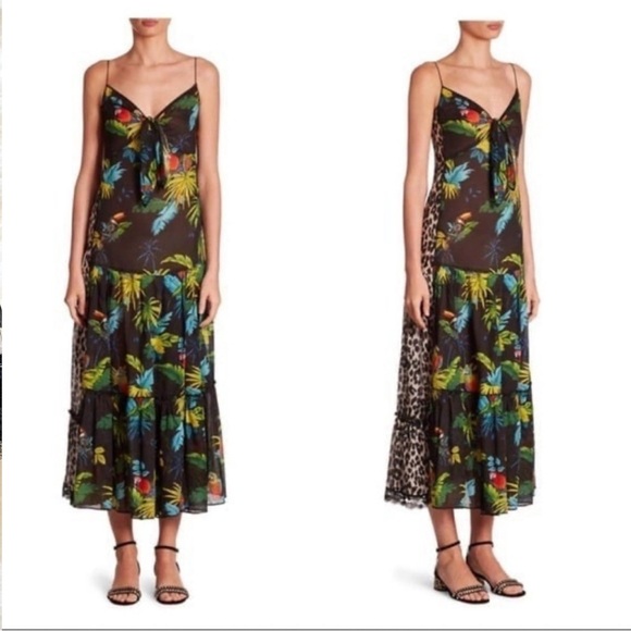 New! MARC JACOBS Tropical Palm Leaf & Animal Print Tie Front Midi Dress - Picture 2 of 8